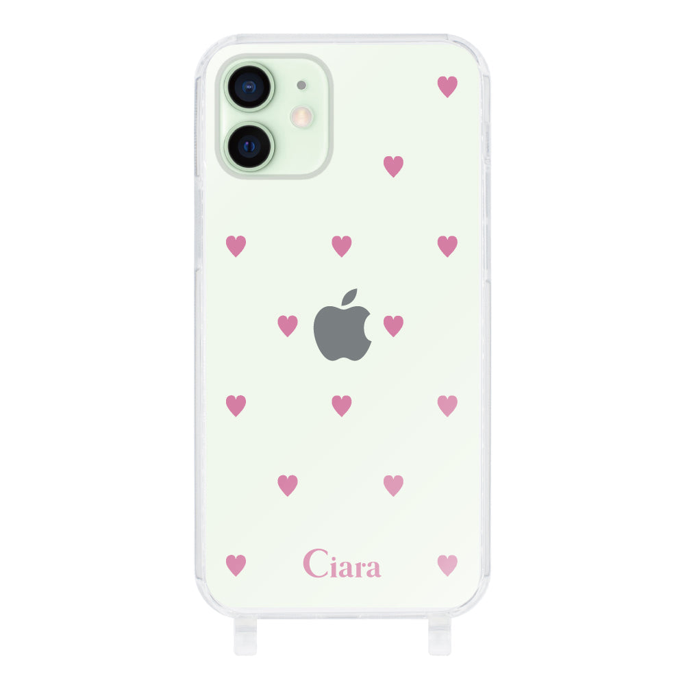 iPhone12mini ストラップクリアケース スウィートハート ピンク