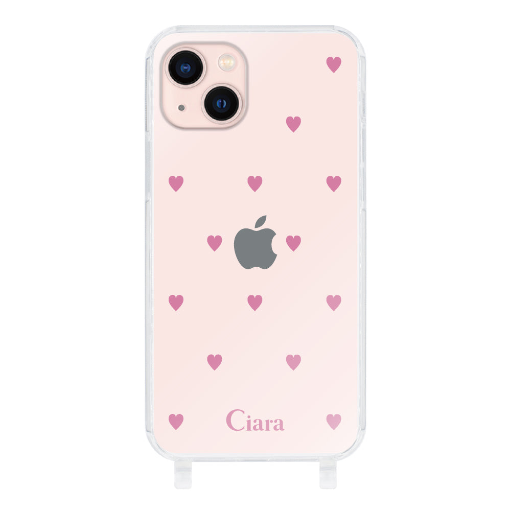 iPhone13 ストラップクリアケース スウィートハート ピンク