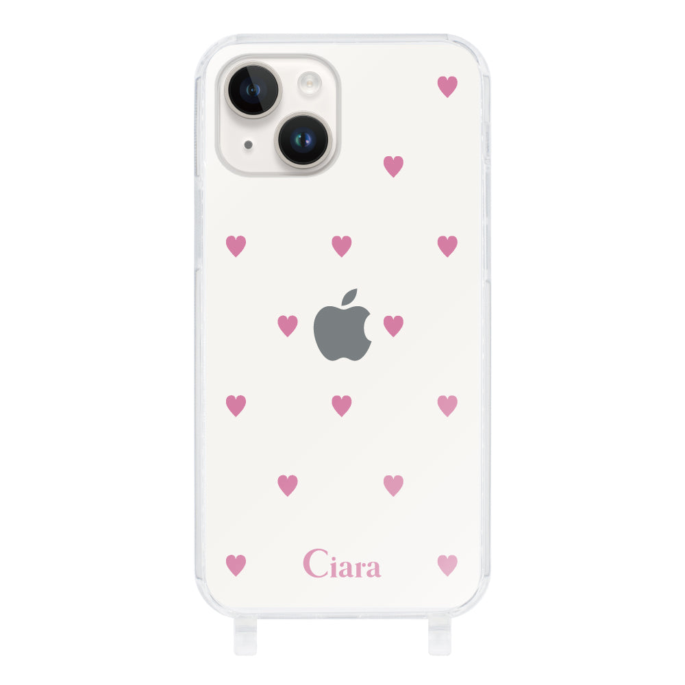 iPhone14 ストラップクリアケース スウィートハート ピンク