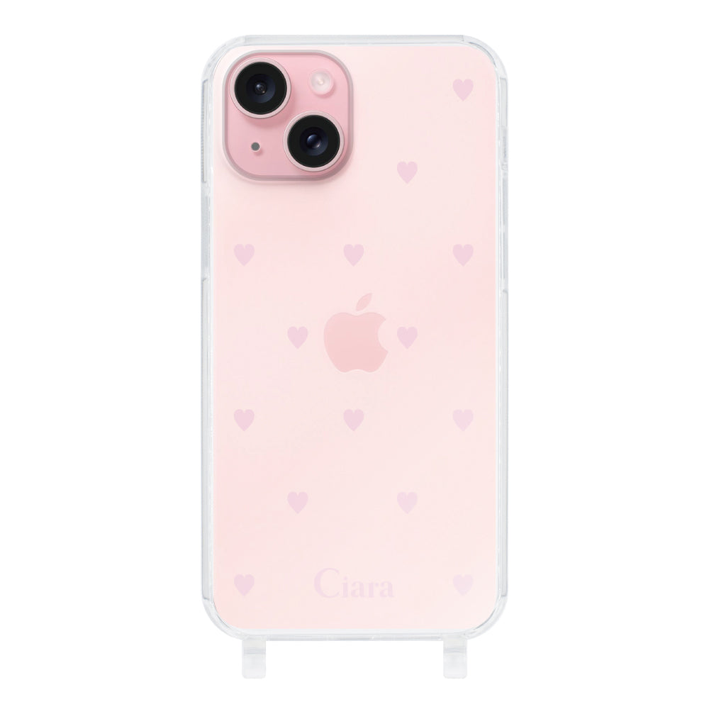 iPhone15 ストラップクリアケース スウィートハート ピンク
