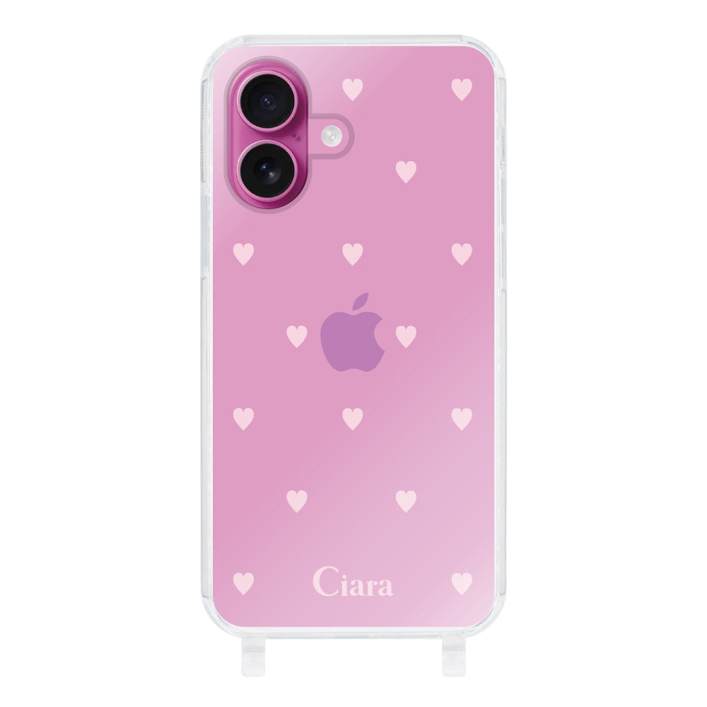 iPhone16 ストラップクリアケース スウィートハート ピンク