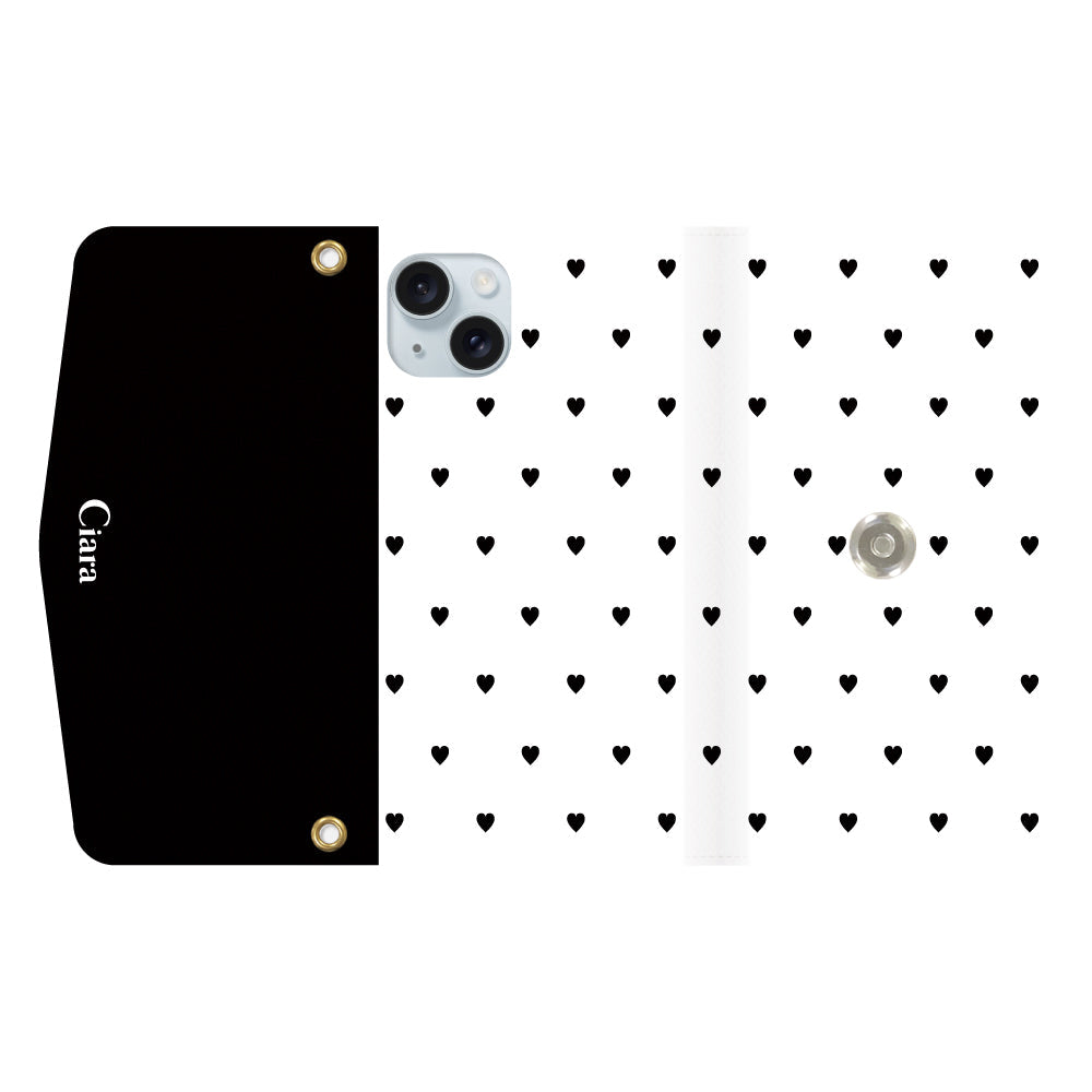 iPhone15Plusケース 手帳型カード収納レザーケース スウィートハート ブラック