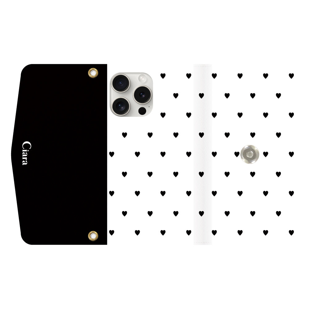 iPhone15ProMaxケース 手帳型カード収納レザーケース スウィートハート ブラック