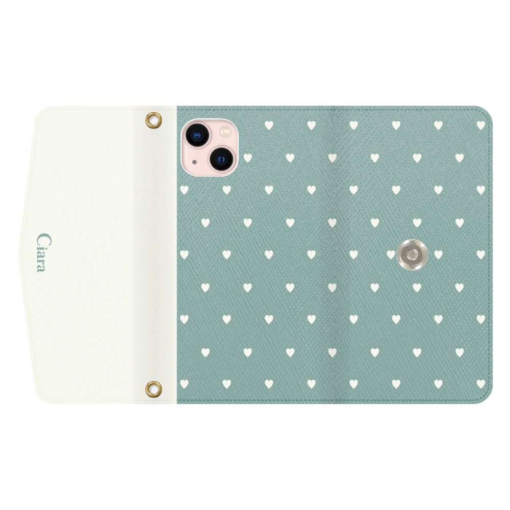 iPhone13ケース 手帳型カード収納レザーケース スウィートハート グリーン