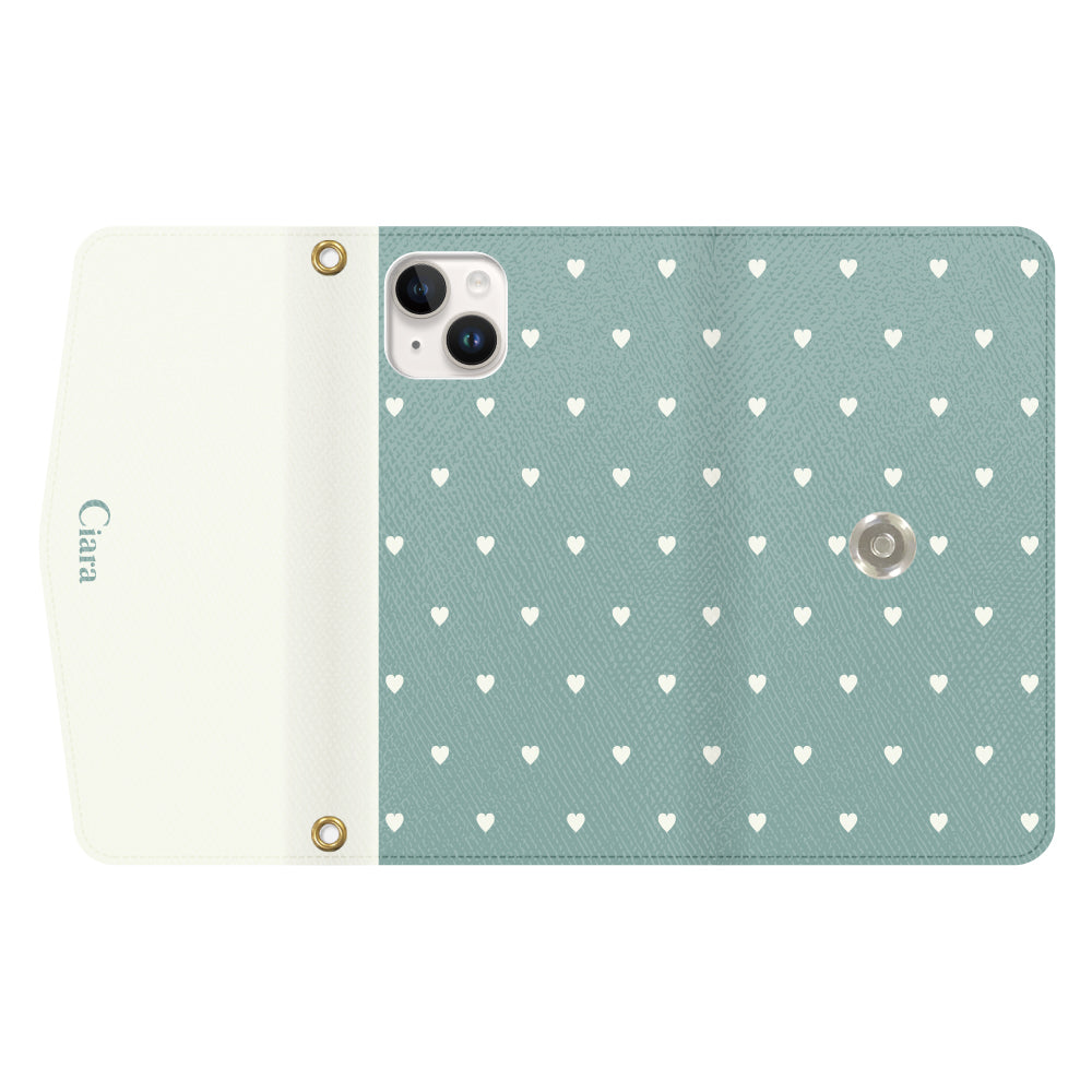 iPhone14ケース 手帳型カード収納レザーケース スウィートハート グリーン