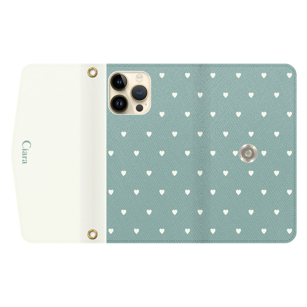 iPhone14Proケース 手帳型カード収納レザーケース スウィートハート グリーン