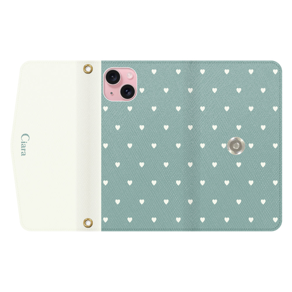 iPhone15ケース 手帳型カード収納レザーケース スウィートハート グリーン