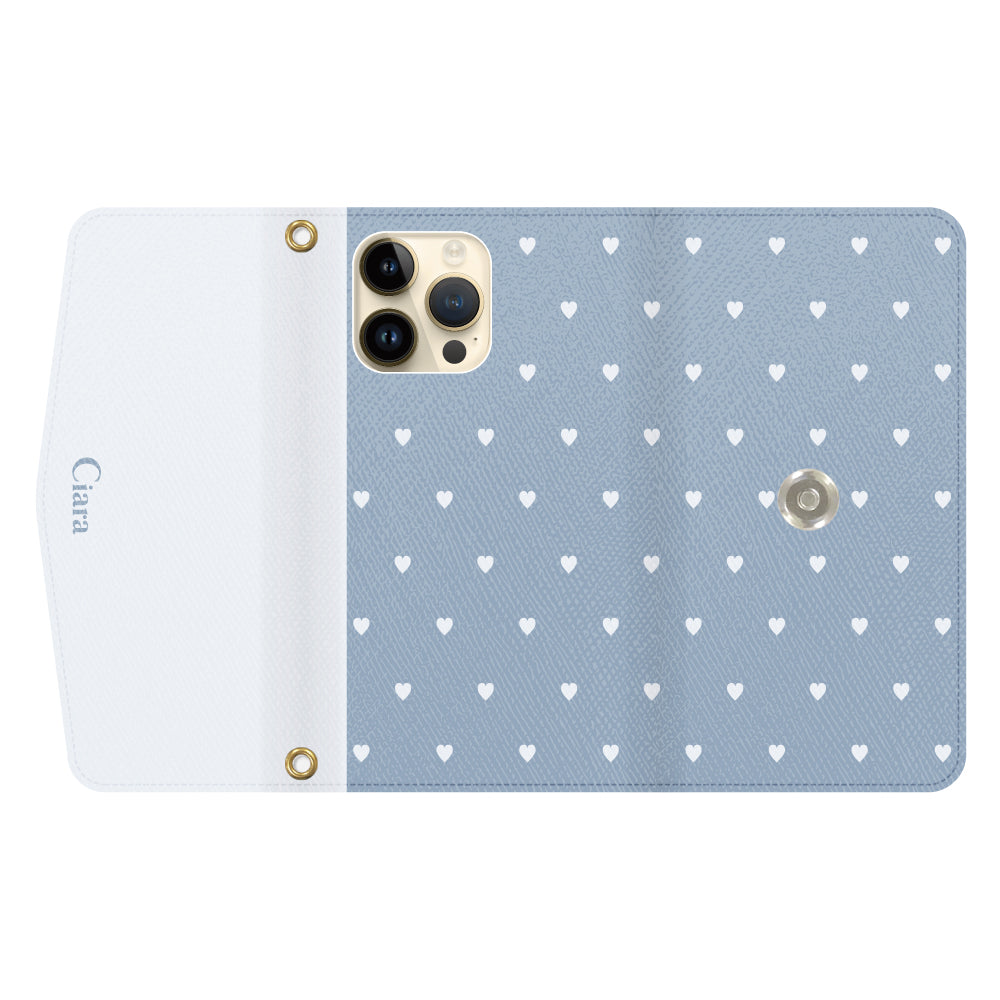 iPhone14Proケース 手帳型カード収納レザーケース スウィートハート ブルー