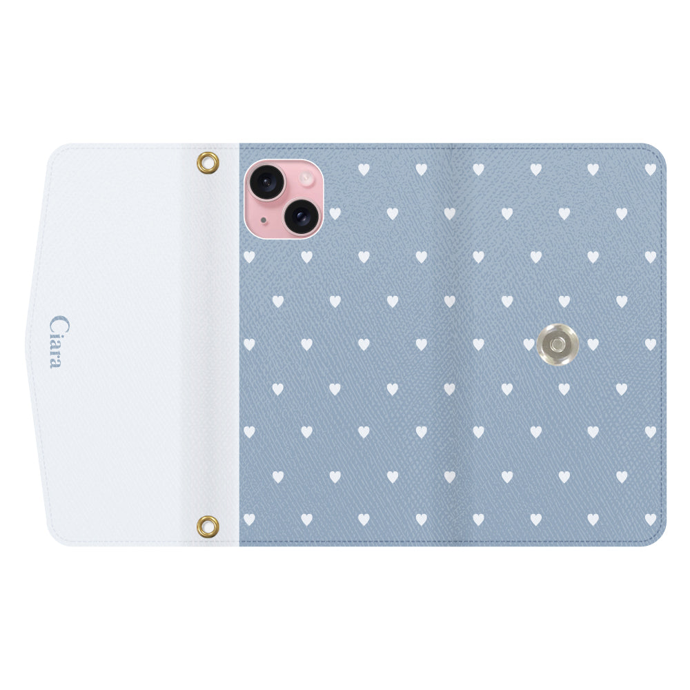 iPhone15ケース 手帳型カード収納レザーケース スウィートハート ブルー