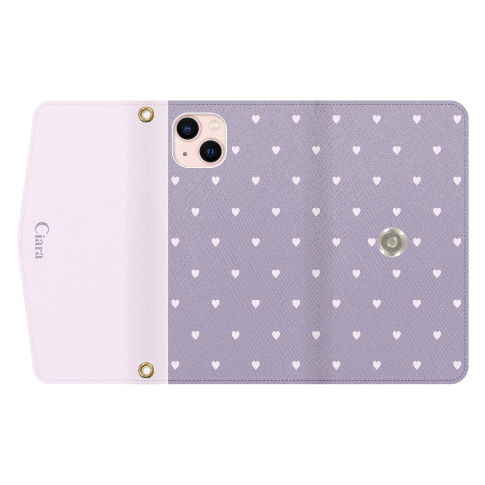 iPhone13ケース 手帳型カード収納レザーケース スウィートハート パープル