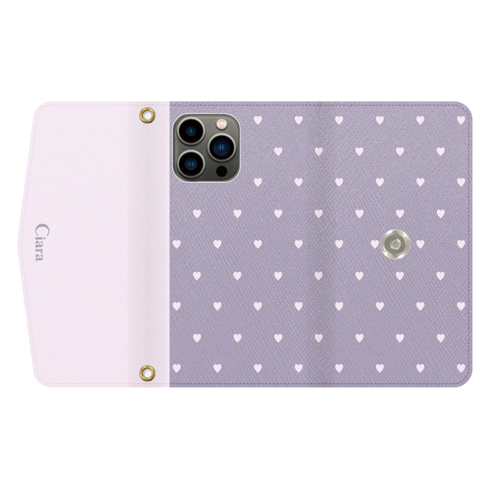 iPhone13Proケース 手帳型カード収納レザーケース スウィートハート パープル