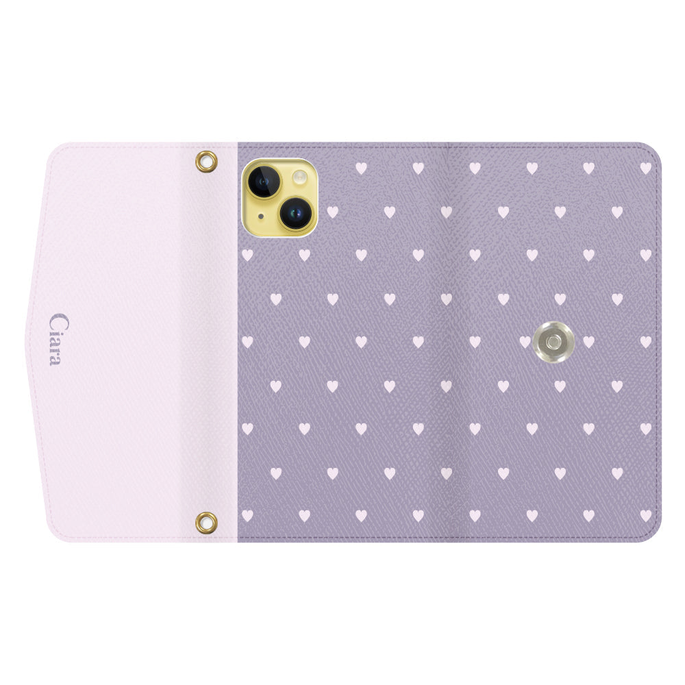 iPhone14Plusケース 手帳型カード収納レザーケース スウィートハート パープル