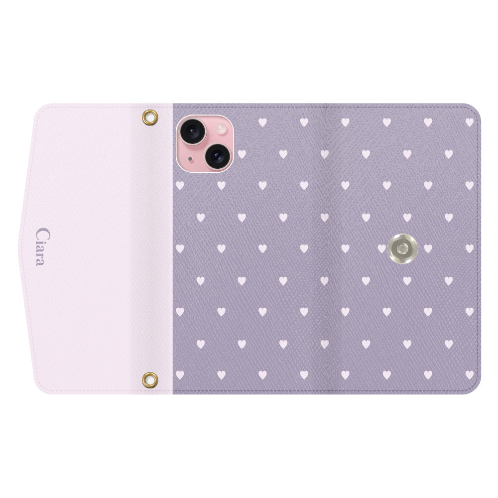 iPhone15ケース 手帳型カード収納レザーケース スウィートハート パープル