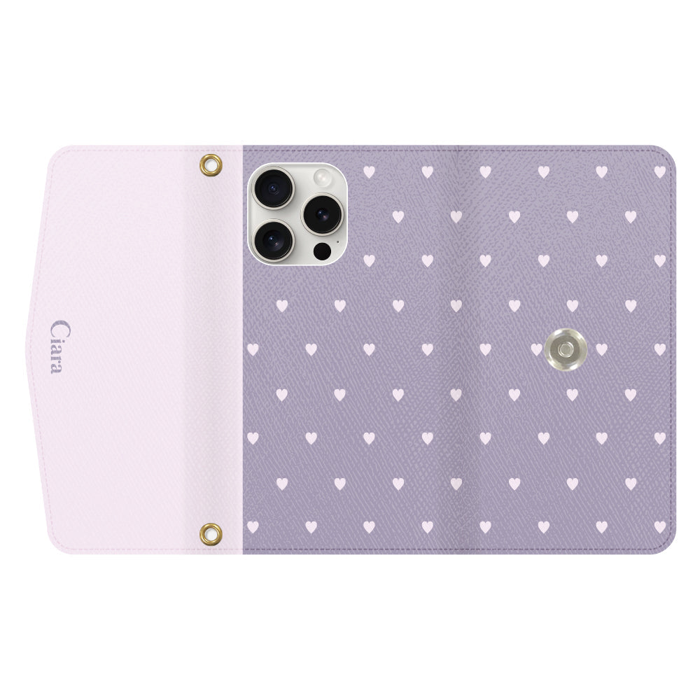 iPhone15ProMaxケース 手帳型カード収納レザーケース スウィートハート パープル