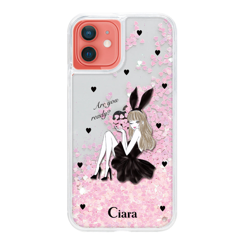 iPhone11 グリッター オイルクリアケース ブラックバニー ピンク