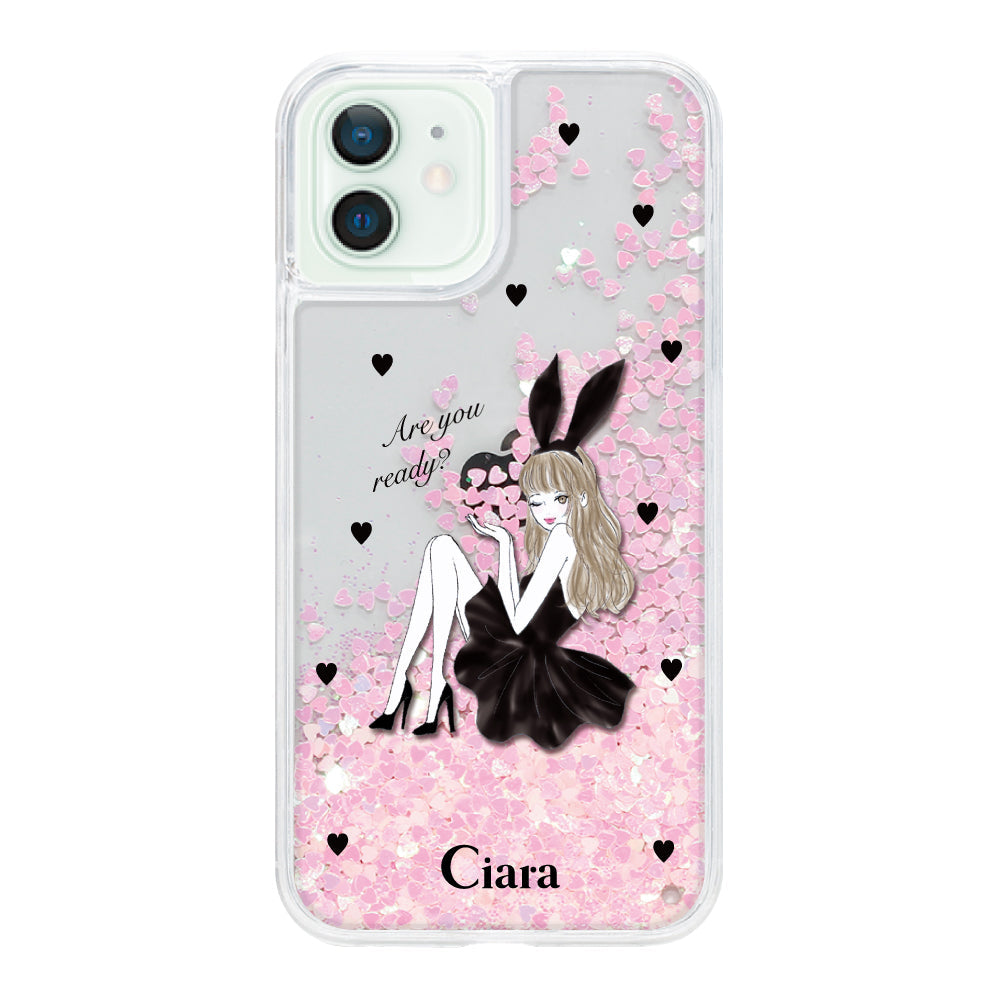 iPhone12mini グリッター オイルクリアケース ブラックバニー ピンク