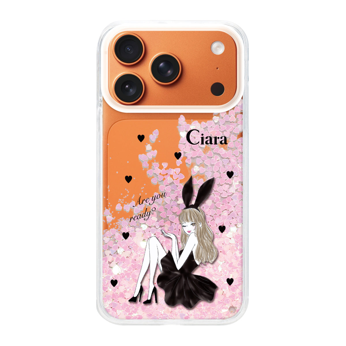 iPhone17ProMax グリッター オイルクリアケース ブラックバニー ピンク