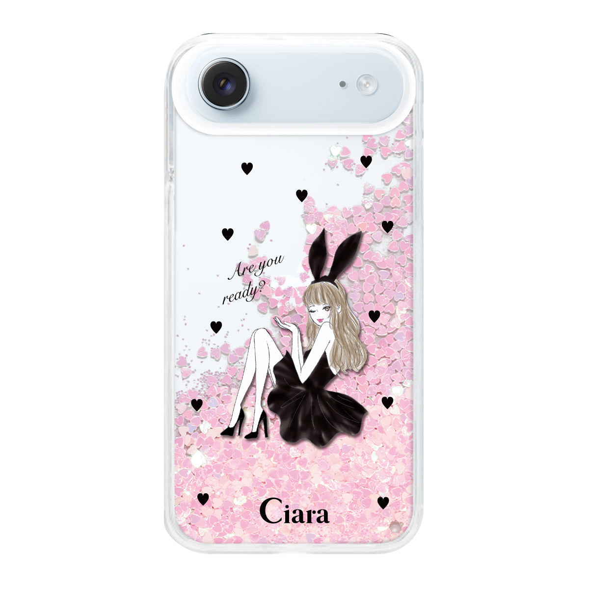 iPhoneAir グリッター オイルクリアケース ブラックバニー ピンク