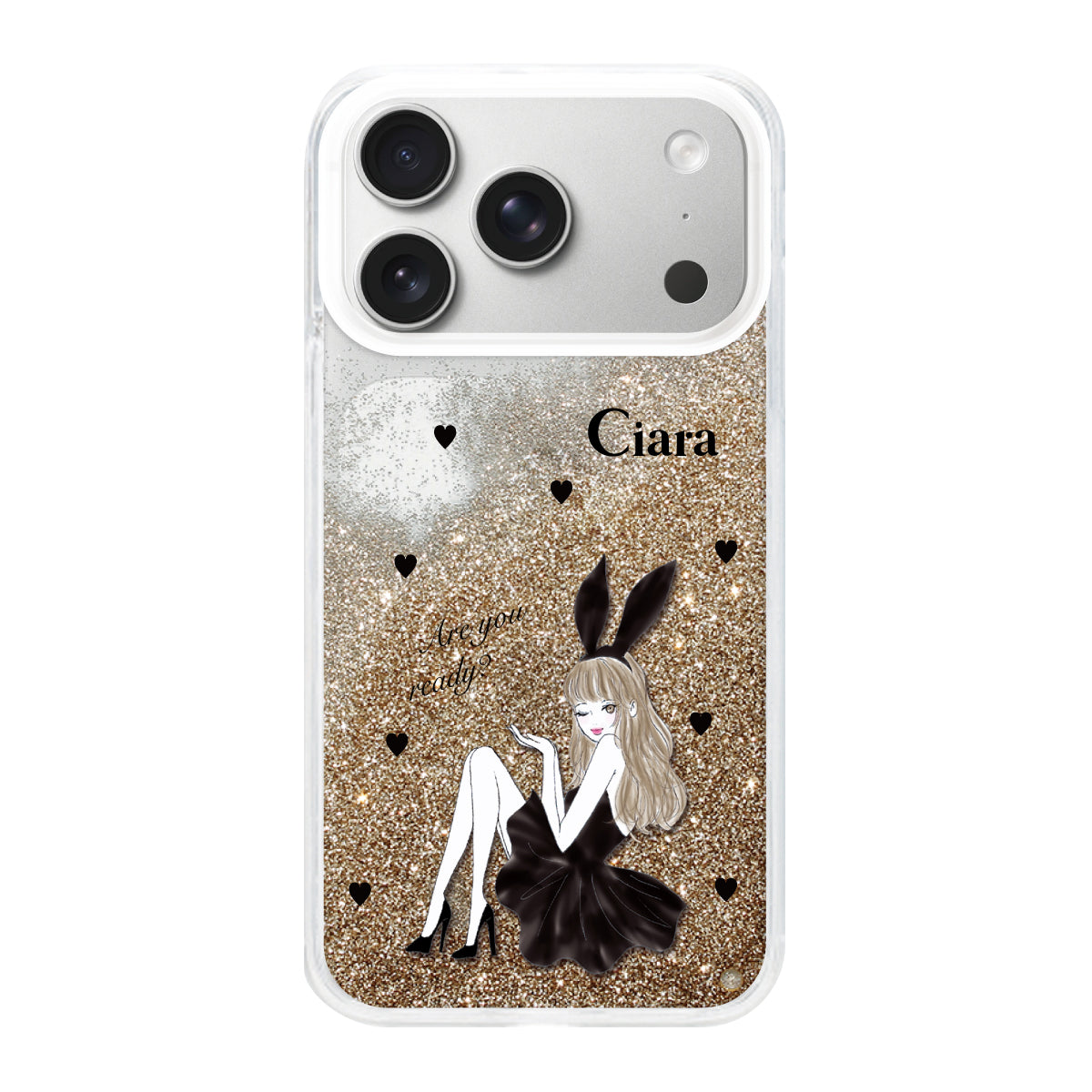 iPhone17Pro グリッター オイルクリアケース ブラックバニー ゴールド