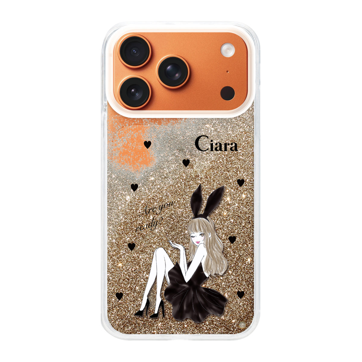 iPhone17ProMax グリッター オイルクリアケース ブラックバニー ゴールド