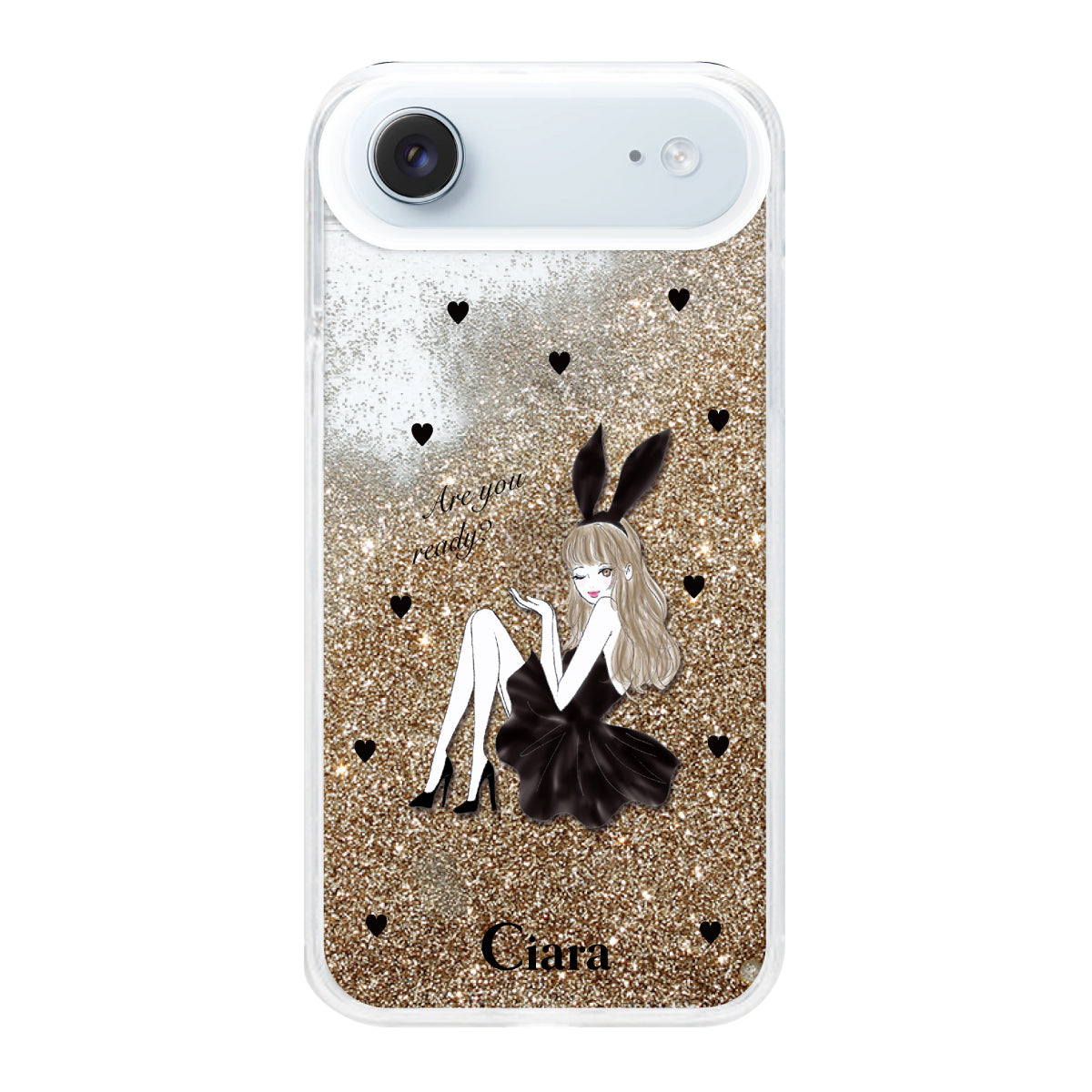 iPhoneAir グリッター オイルクリアケース ブラックバニー ゴールド