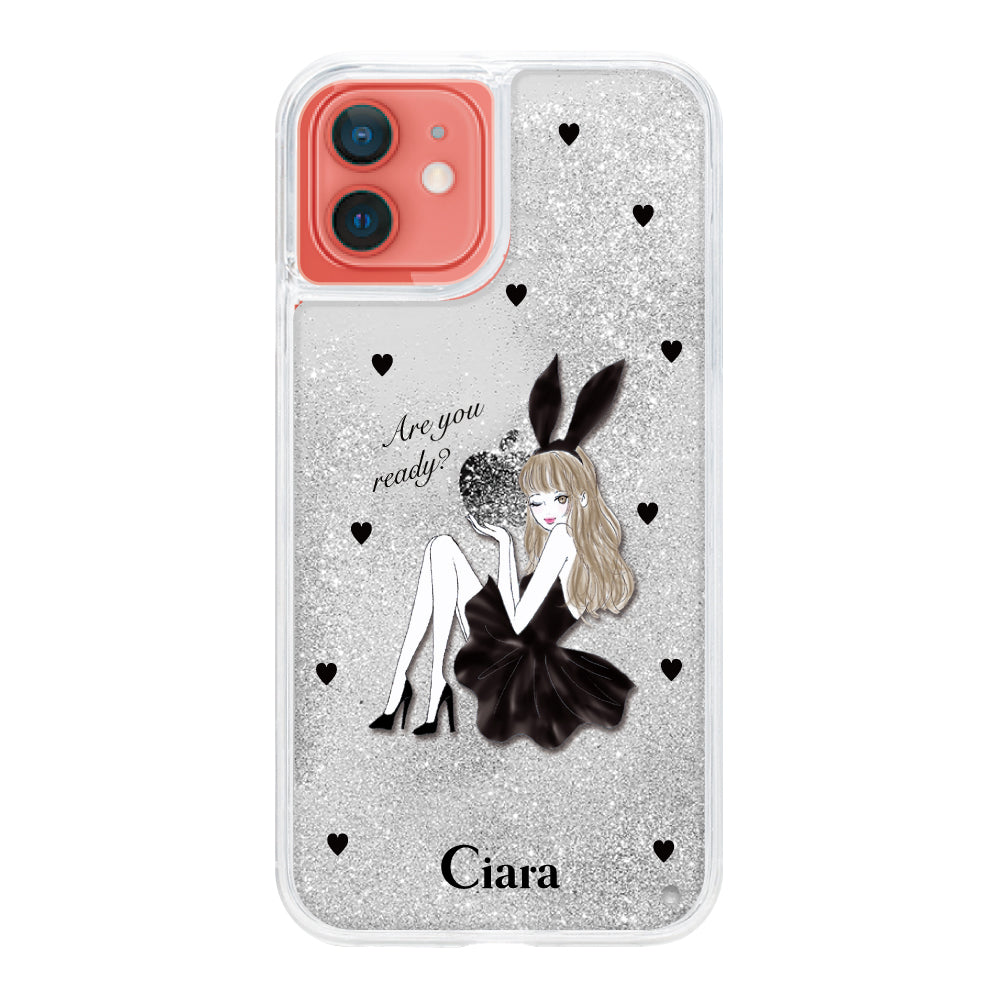 iPhone11 グリッター オイルクリアケース ブラックバニー シルバー