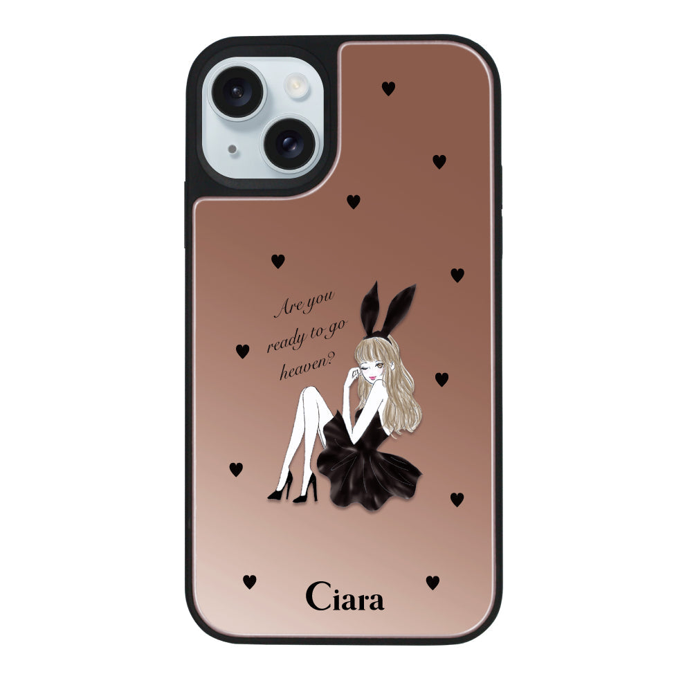 iPhone15Plusケース ミラーバンパー ミラー付きケース ブラックバニー ピンクゴールド