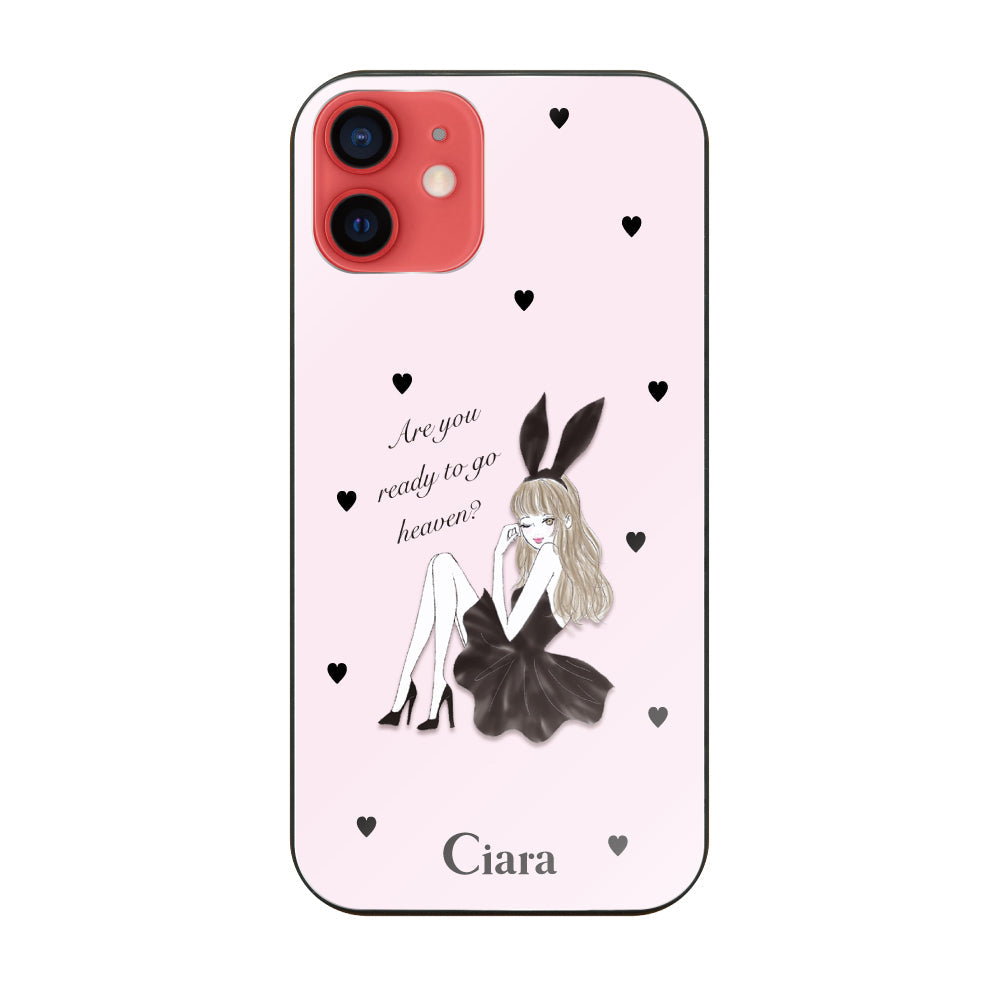 iPhoneXRケース ガラス 強化ガラスケース ブラックバニー ピンク