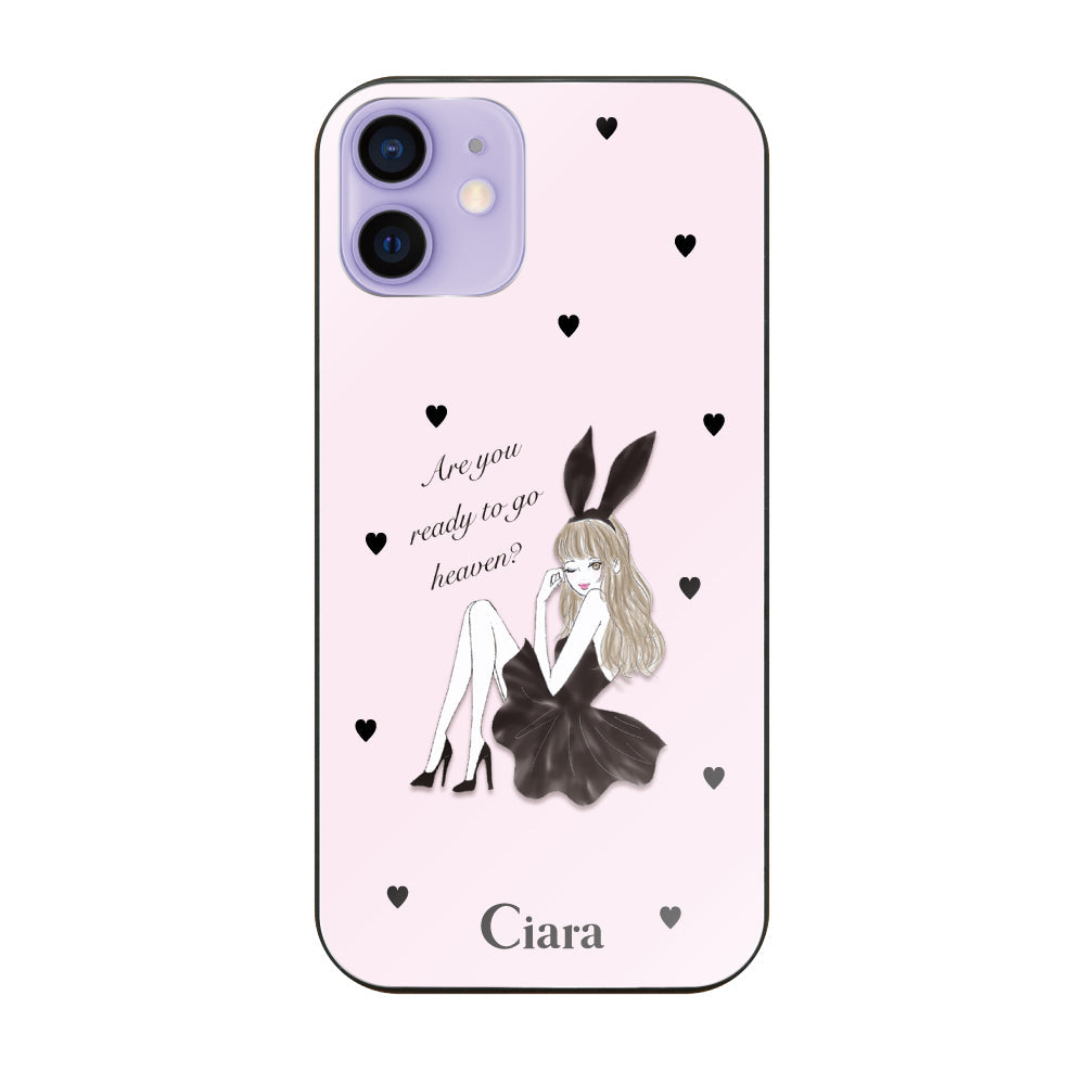 iPhone12/12Proケース ガラス 強化ガラスケース ブラックバニー ピンク