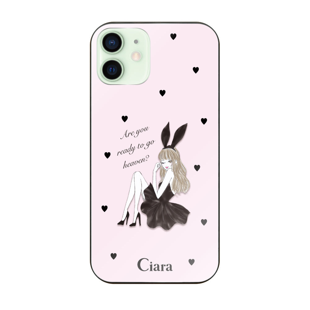 iPhone12miniケース ガラス 強化ガラスケース ブラックバニー ピンク