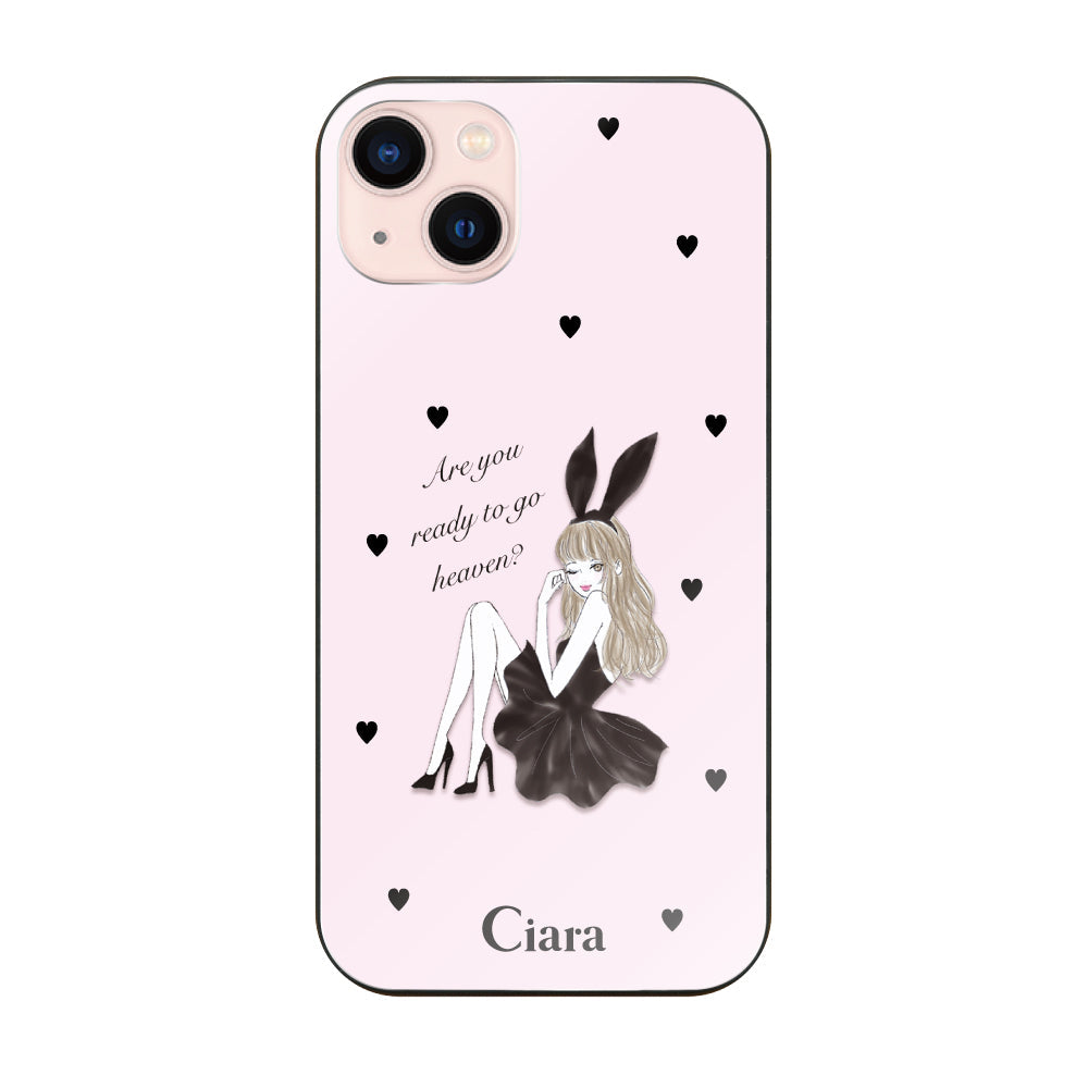 iPhone13ケース ガラス 強化ガラスケース ブラックバニー ピンク