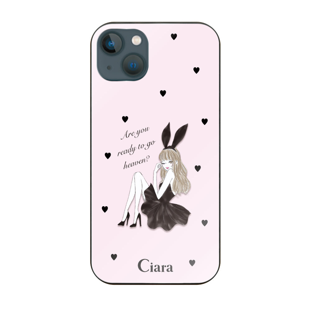 iPhone13miniケース ガラス 強化ガラスケース ブラックバニー ピンク