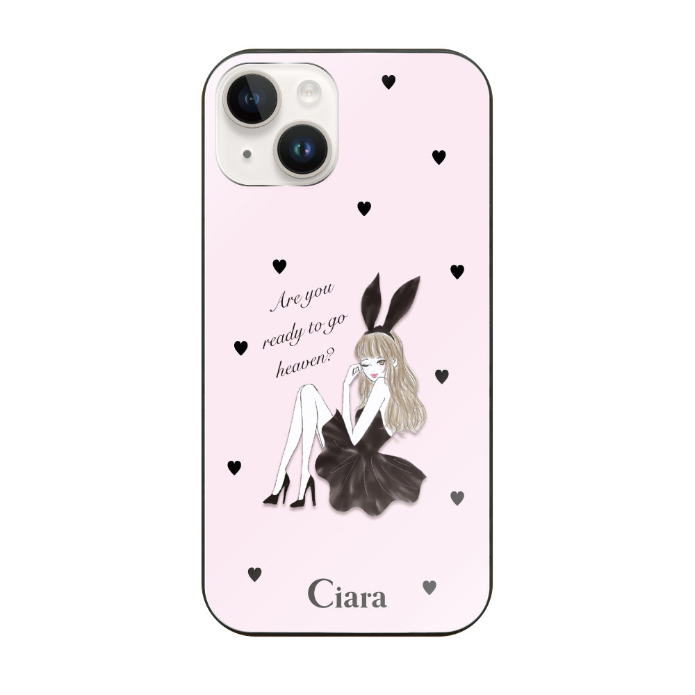 iPhone14ケース ガラス 強化ガラスケース ブラックバニー ピンク