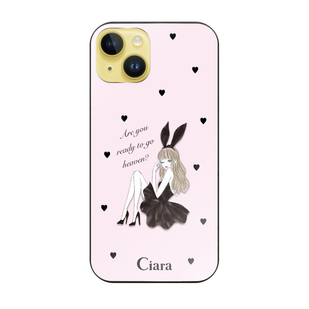 iPhone14Plusケース ガラス 強化ガラスケース ブラックバニー ピンク