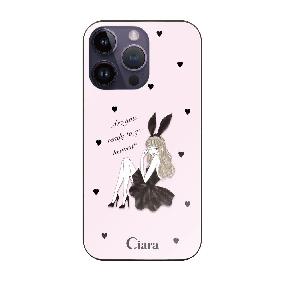 iPhone14ProMaxケース ガラス 強化ガラスケース ブラックバニー ピンク