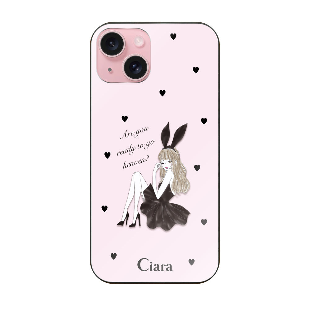 iPhone15ケース ガラス 強化ガラスケース ブラックバニー ピンク