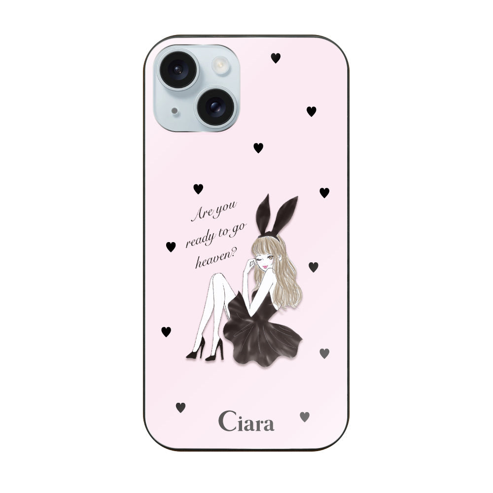 iPhone15Plusケース ガラス 強化ガラスケース ブラックバニー ピンク