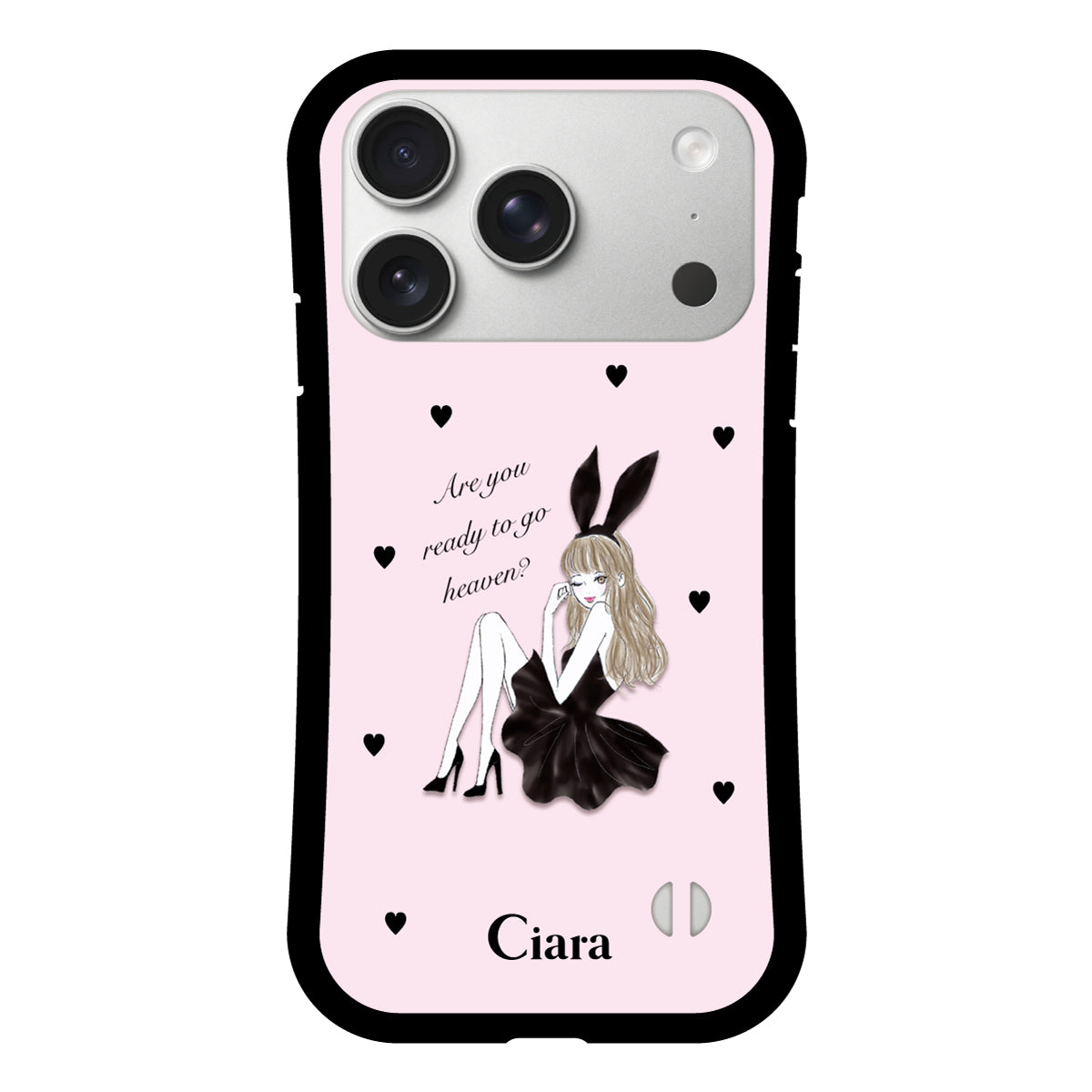 iPhone17Pro グリップ 耐衝撃ケース ブラックバニー ピンク