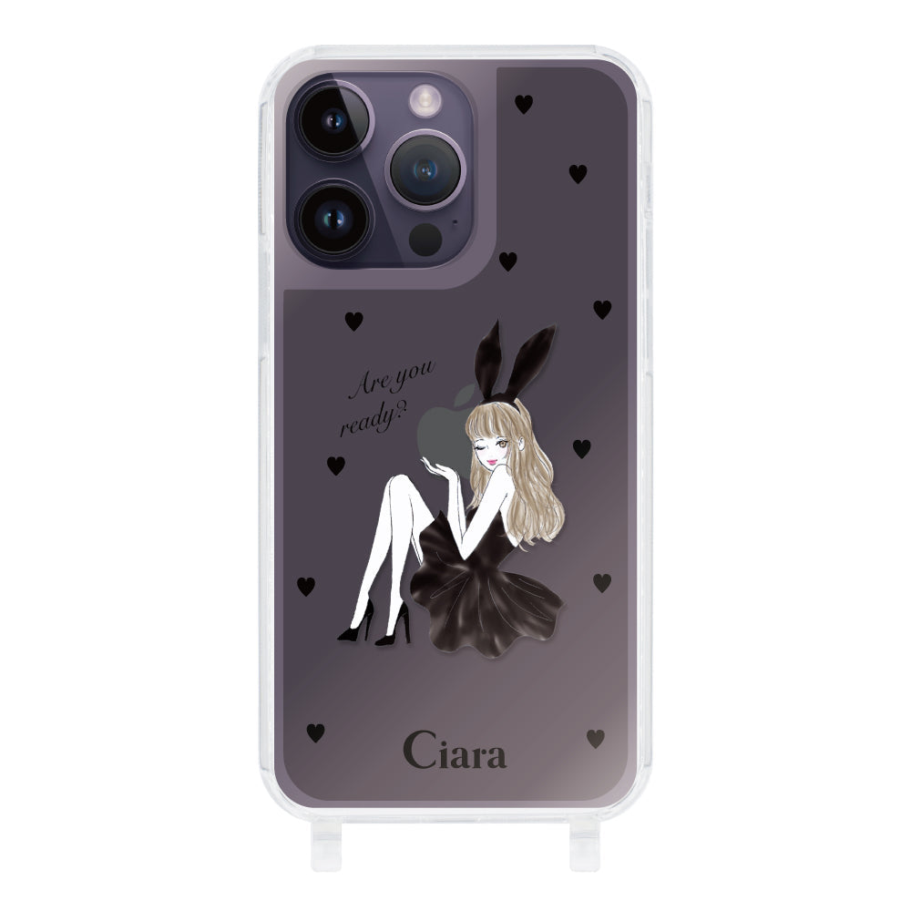 iPhone14ProMax ストラップクリアケース ブラックバニー ブラック