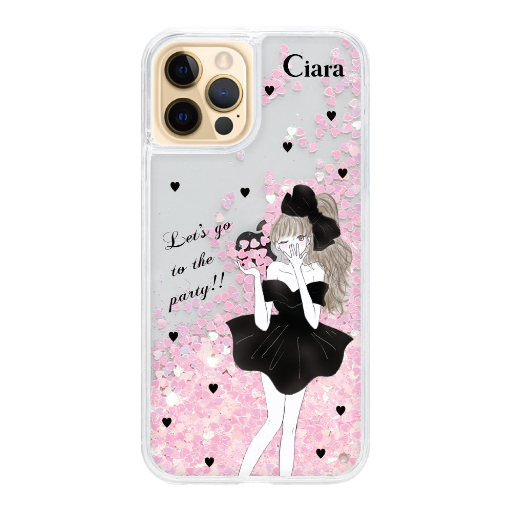iPhone11Pro グリッター オイルクリアケース ブラックリボン ピンク