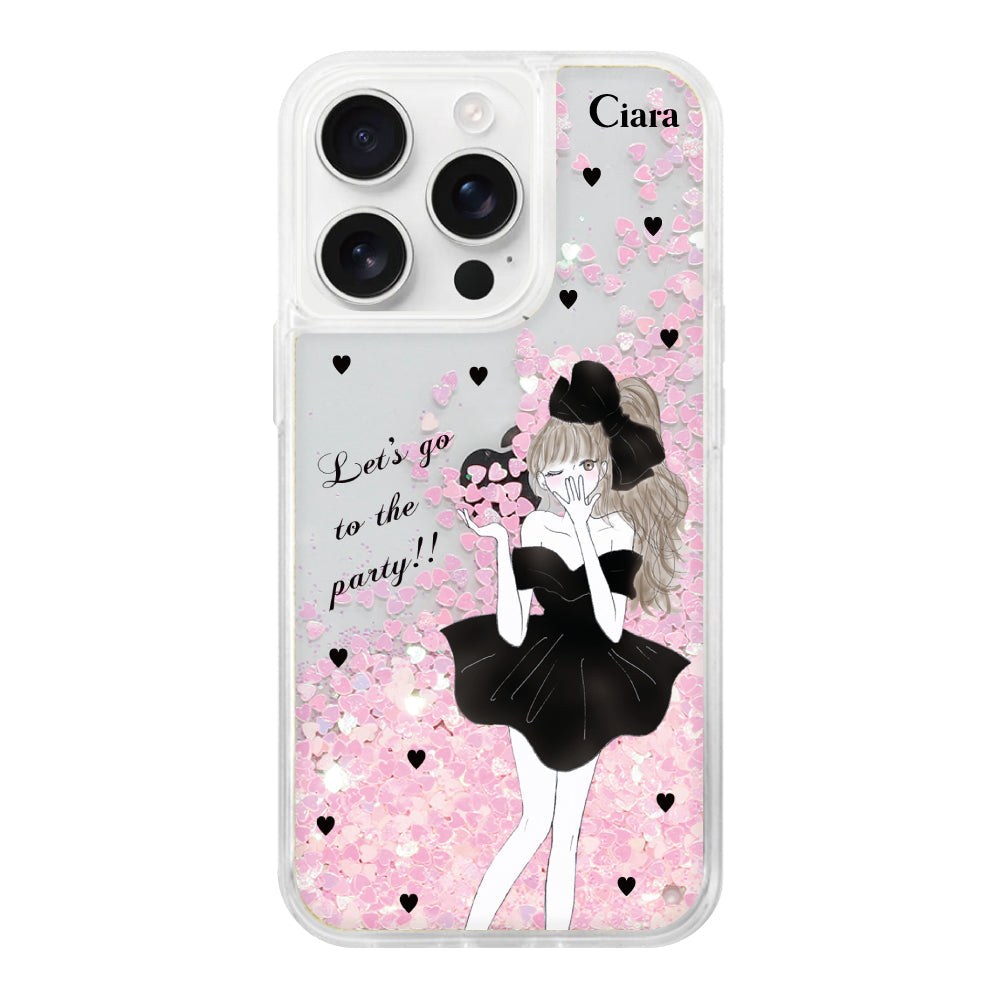 iPhone16ProMax グリッター オイルクリアケース ブラックリボン ピンク