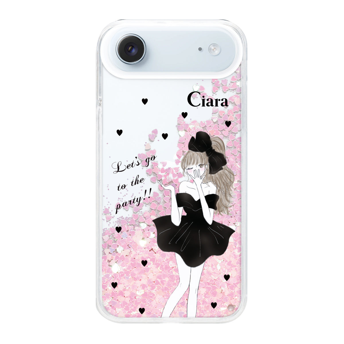 iPhoneAir グリッター オイルクリアケース ブラックリボン ピンク