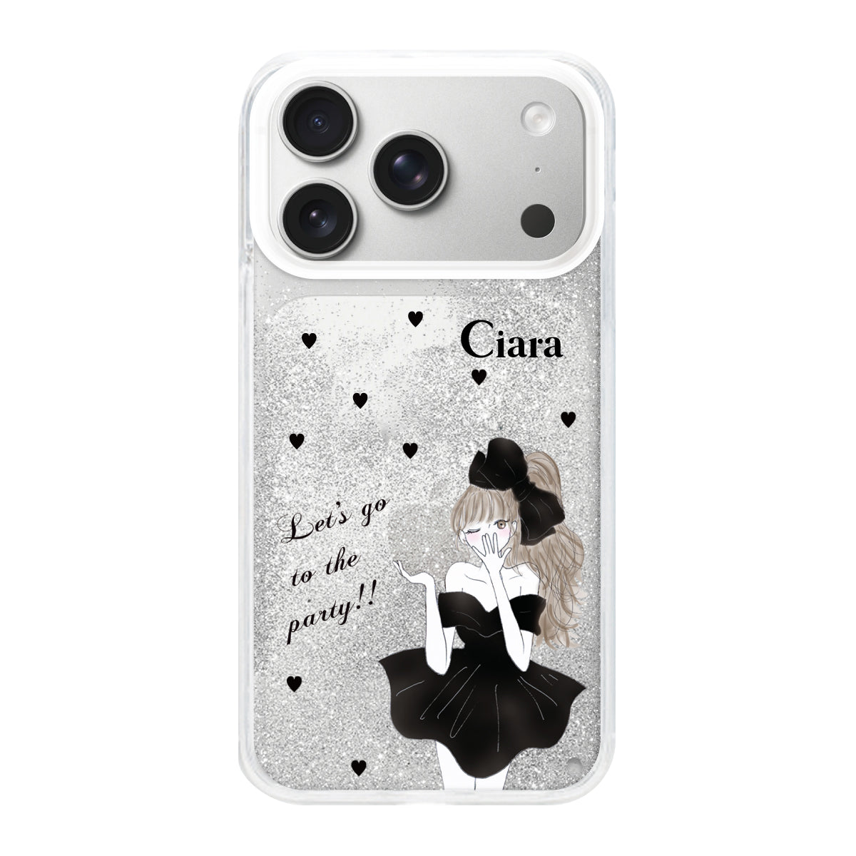 iPhone17Pro グリッター オイルクリアケース ブラックリボン シルバー