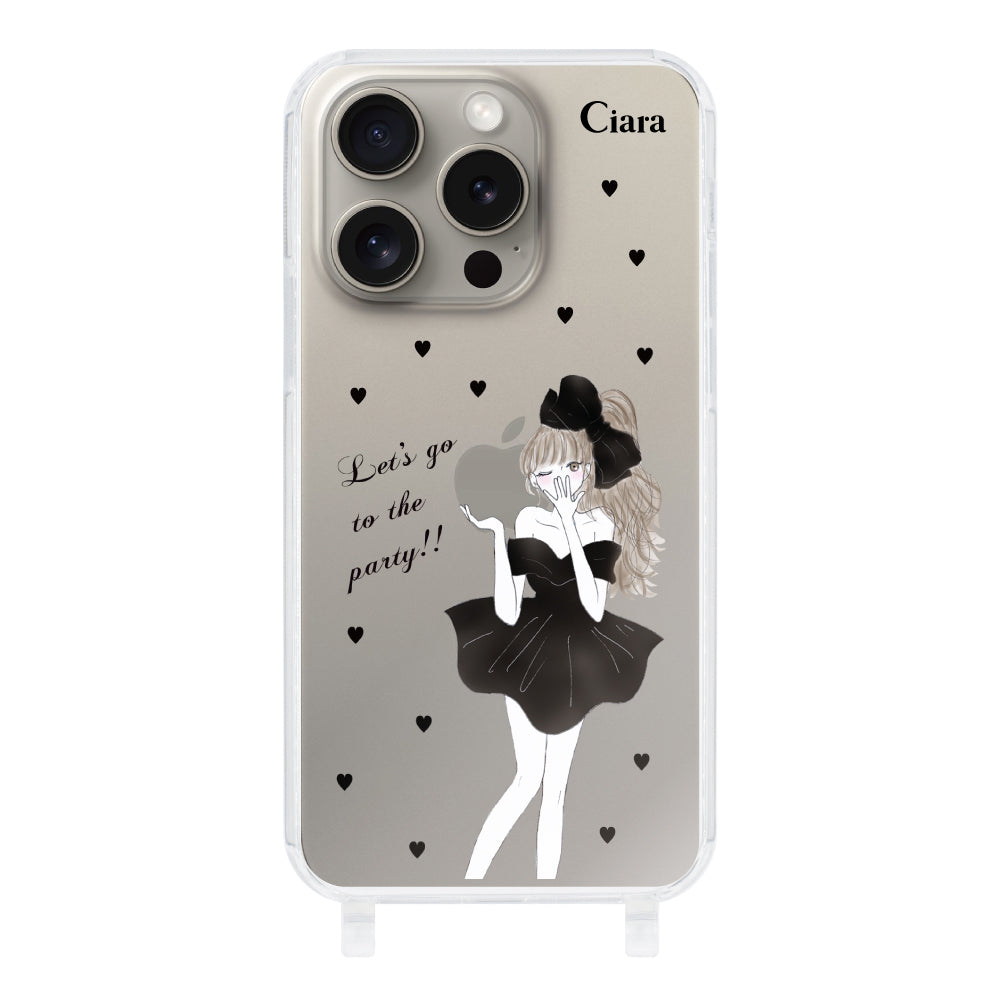 iPhone15Proケース ストラップクリアケース ブラックリボン クリア