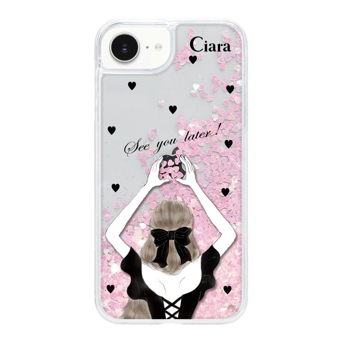 iPhone16e グリッター オイルクリアケース ブラックバックショット ピンク