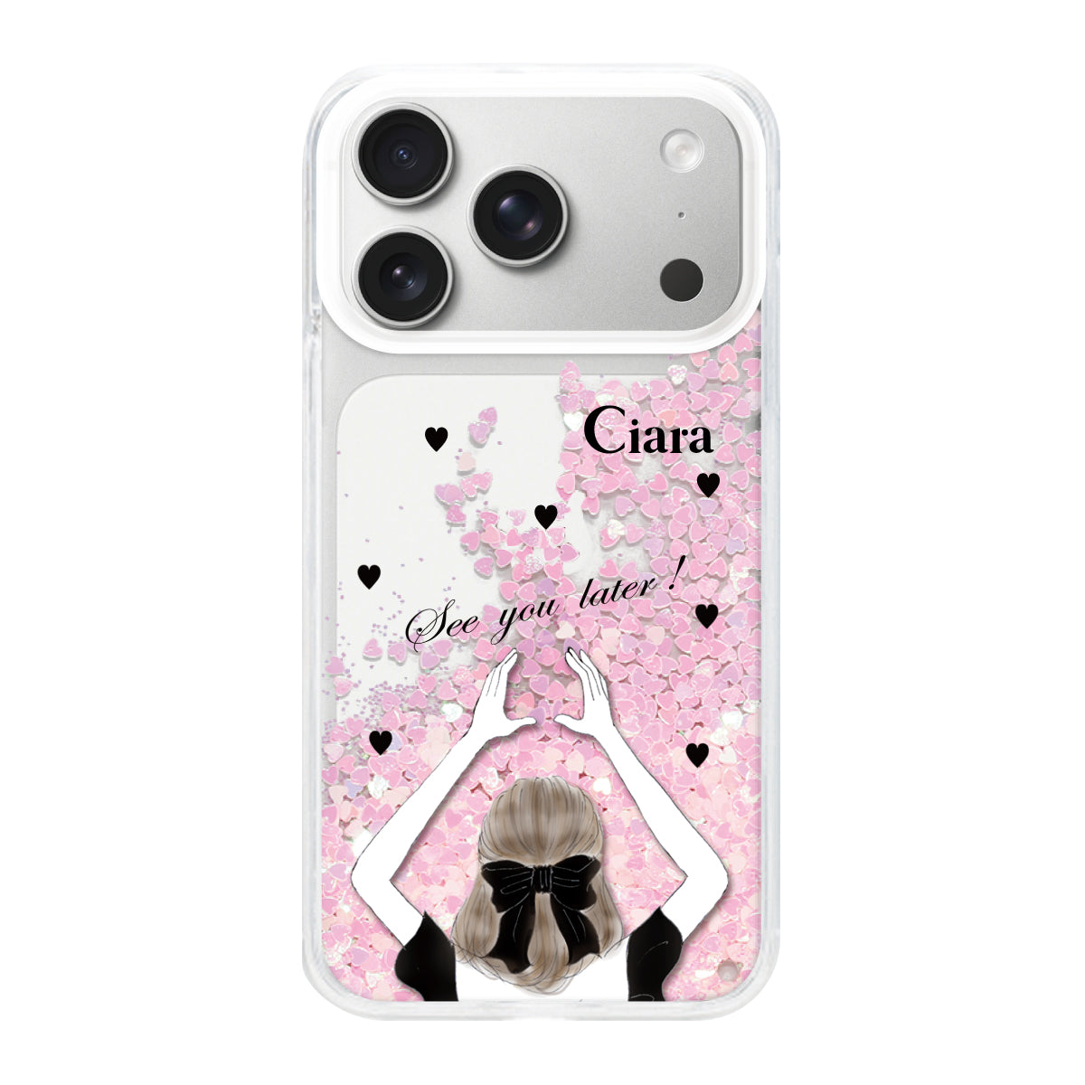 iPhone17Pro グリッター オイルクリアケース ブラックバックショット ピンク