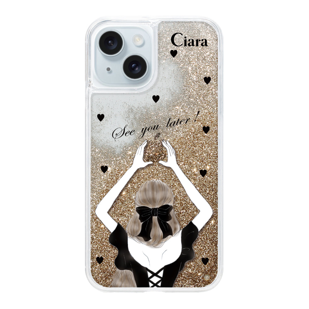 iPhone15Plus グリッター オイルクリアケース ブラックバックショット ゴールド