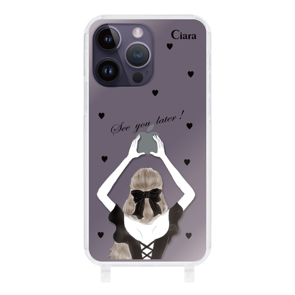 iPhone14ProMaxケース ストラップクリアケース ブラックバックショット クリア