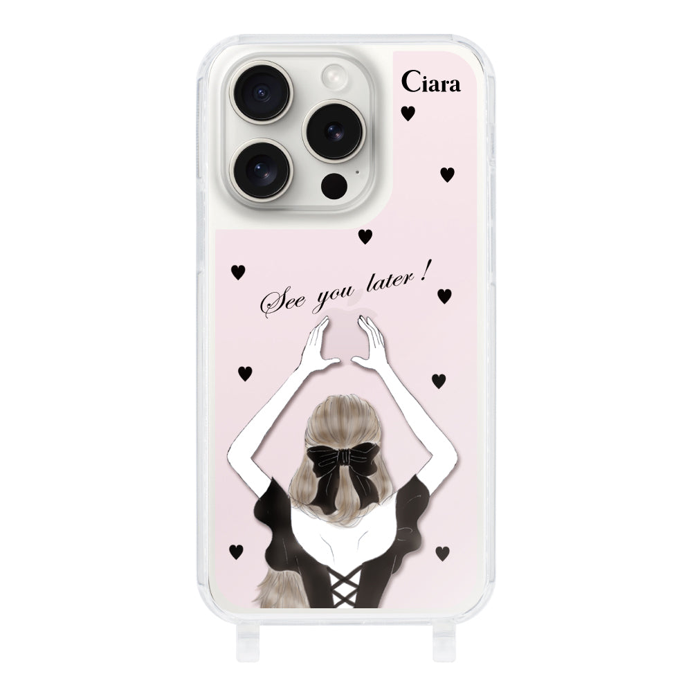 iPhone15ProMaxケース ストラップクリアケース ブラックバックショット ピンク