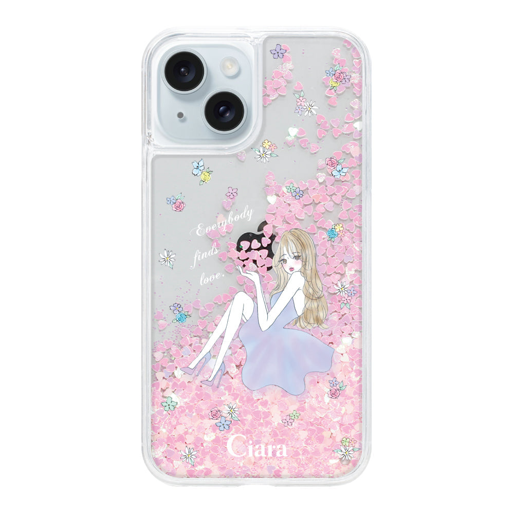 iPhone15Plus グリッター オイルクリアケース ラベンダーガール ピンク